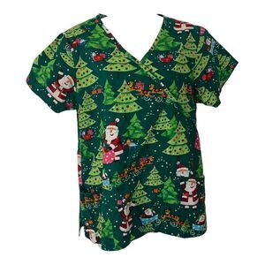 Women's Comfy Cotton Christmas Scrubs Top M Green Red